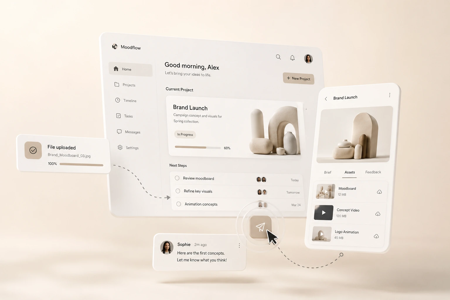A soft, polished app interface shown across desktop and mobile, with floating cards and gentle shadows in warm cream tones.