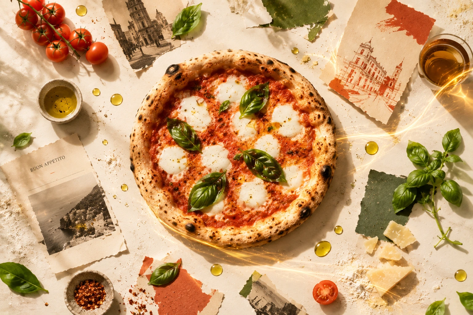 An overhead editorial flatlay of a Neapolitan margherita pizza surrounded by basil, tomatoes and torn paper in warm daylight.