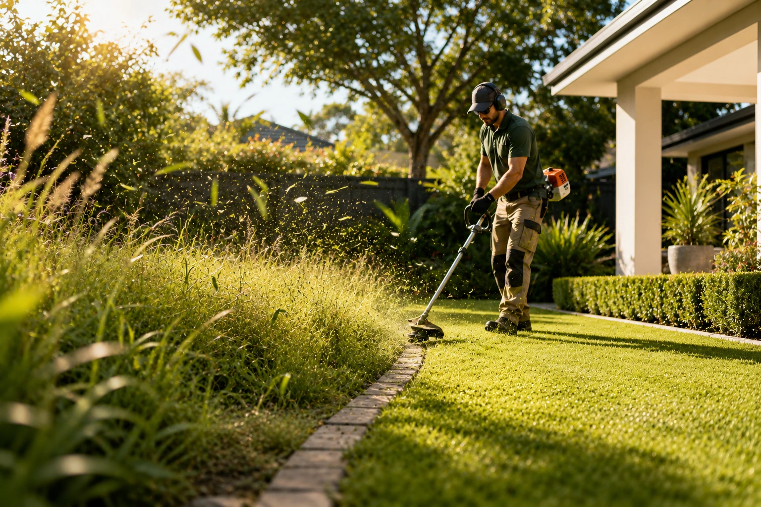 A landscaper trimming a lush, manicured garden edge in golden afternoon light beside a modern home.