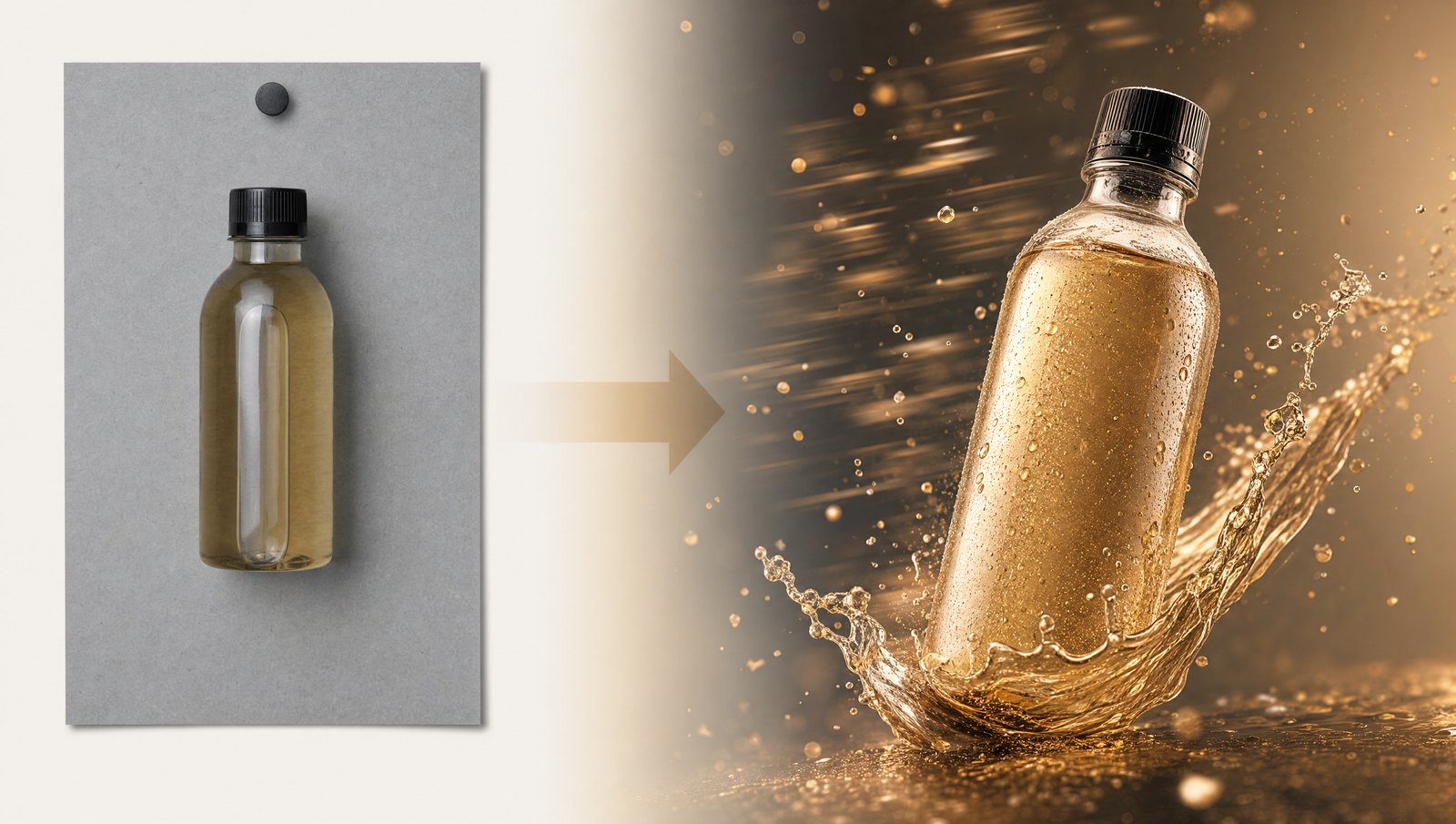 A flat, static product photo transforming into a dynamic, cinematic product shot with liquid splash and motion
