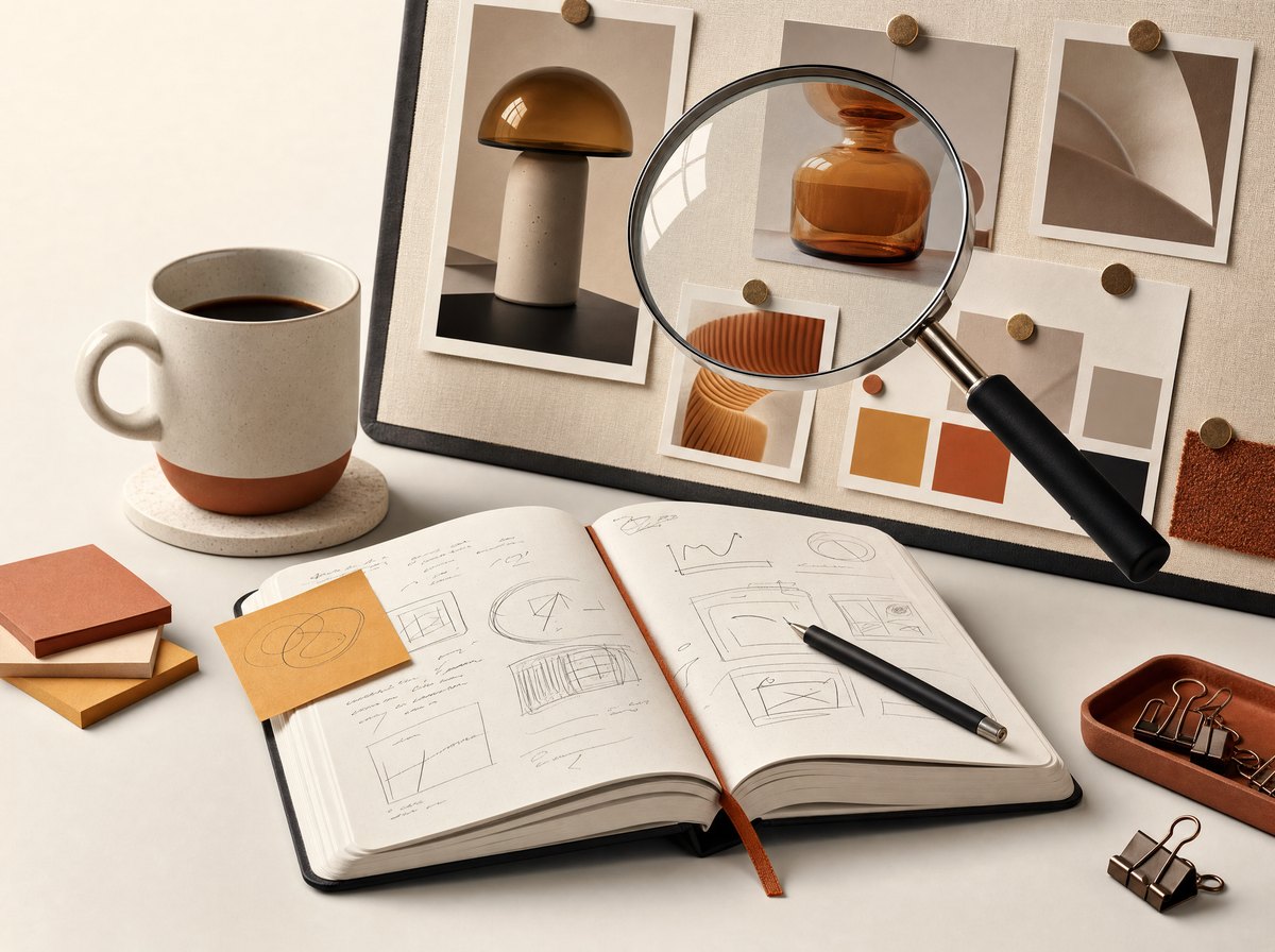 A notebook of sketches beside a moodboard and a magnifying glass