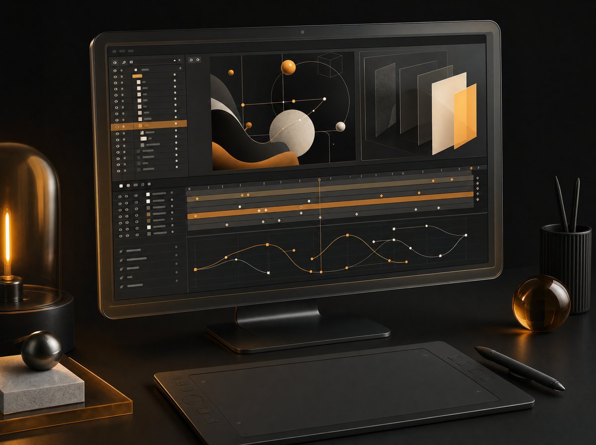 A monitor showing a motion timeline with keyframes and animation curves
