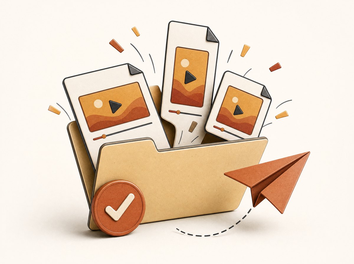 A folder bursting with video file formats and a paper plane