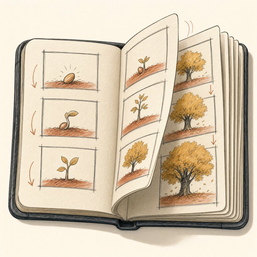 A storyboard sketchbook showing a seed growing into a tree across frames